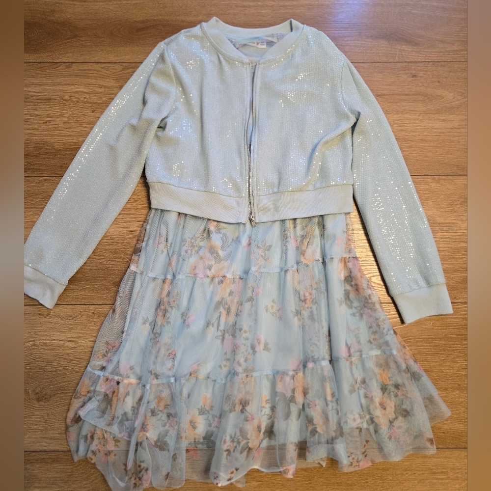 ​Knit Works Girls Floral Dress & Sequin Jacket Set Light Blue 14 1/2 Plus